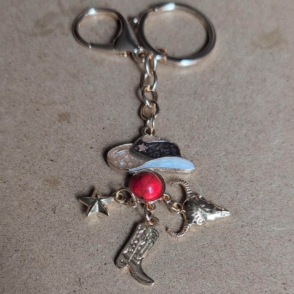 Western Charm Gold Keychain with Red Accent